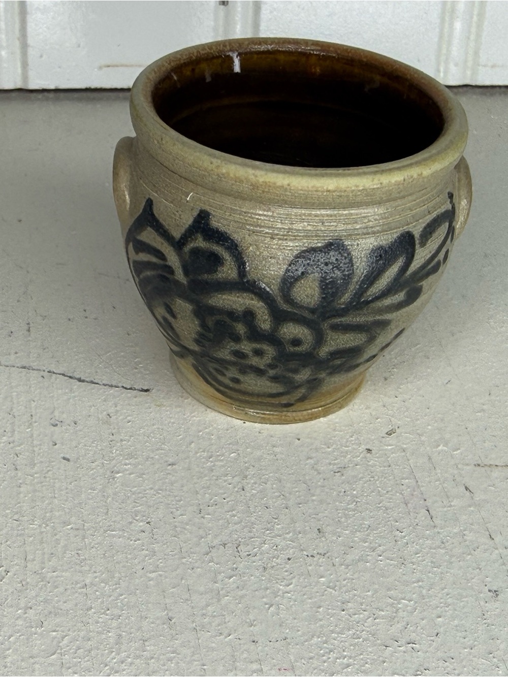Vintage Rowe Pottery Salt-Glazed Stoneware Mini Crock Cobalt Slip Flower